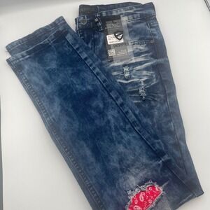 Y2K ENCRYPTED‎ Distressed Denim Jeans Bandana Patches Blue Women's Size 18 30x30